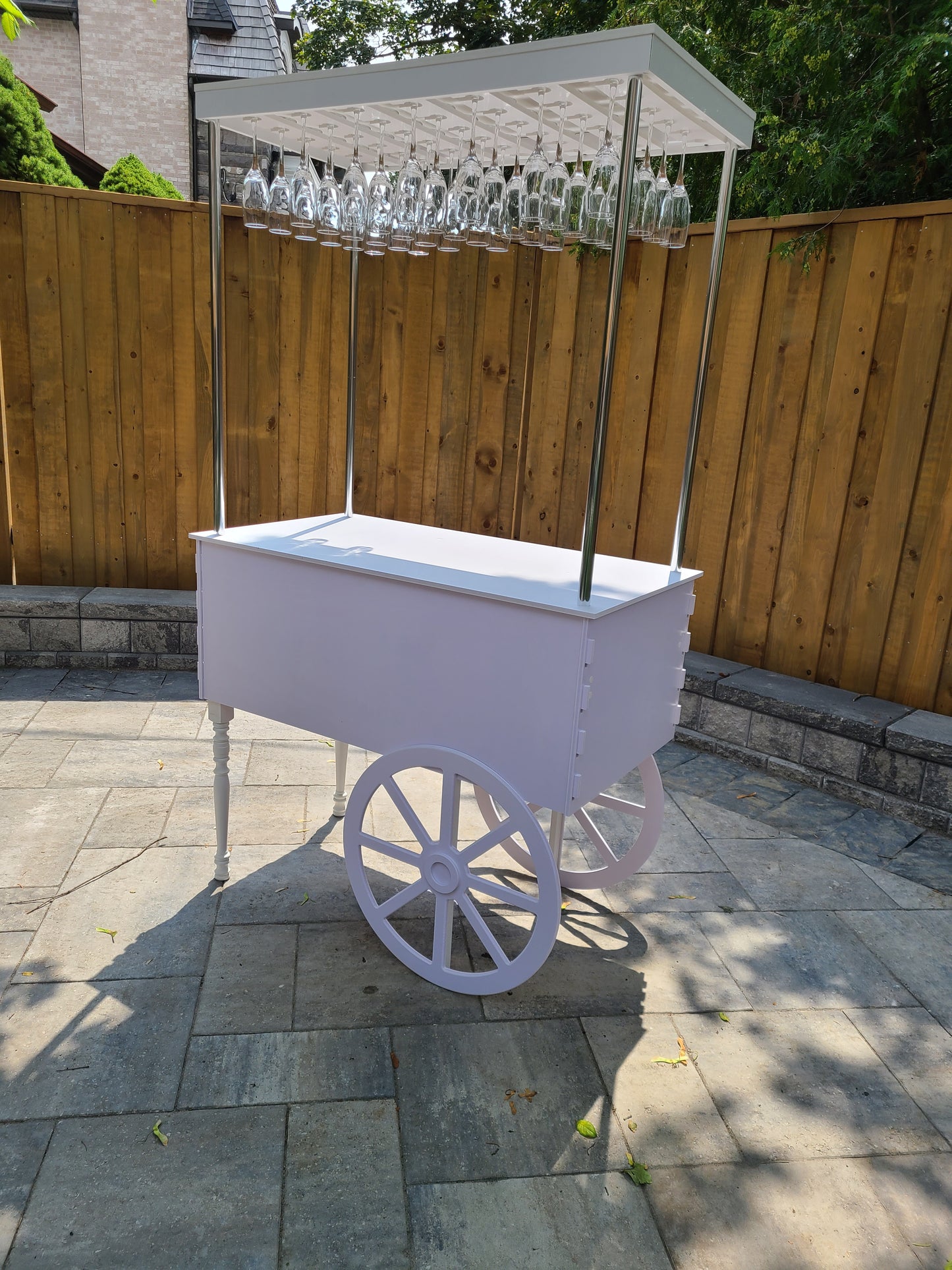 candy carts for sale, Mobile bar cart, drink cart, party decor, wedding decorations, champagne display, event bar, collapsible bar cart, white PVC bar cart, Toronto-made party supplies cart, Toronto-made party supplies