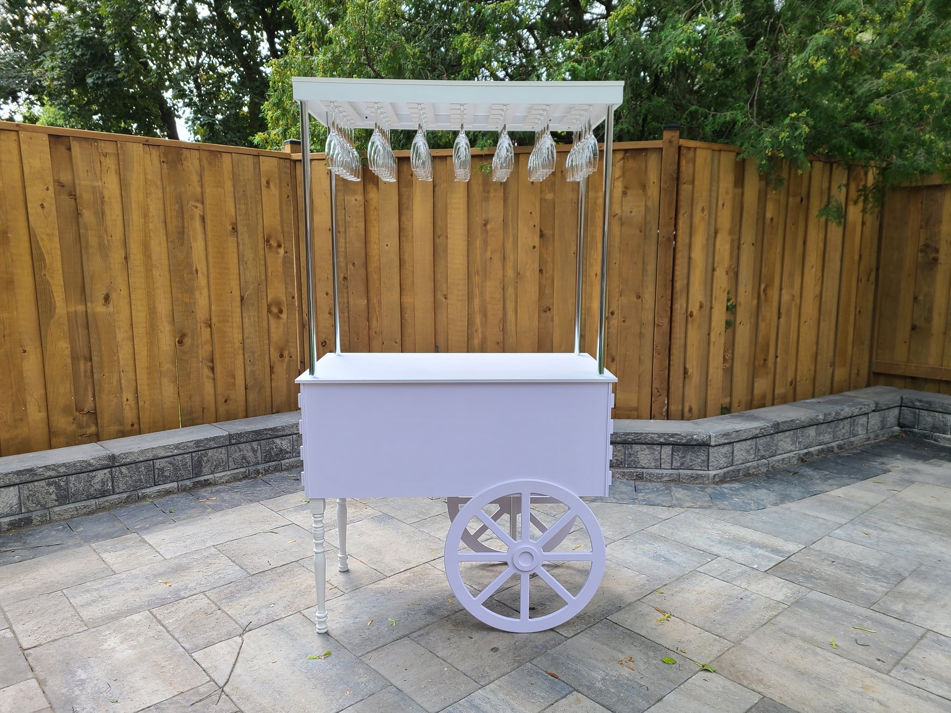 Mobile bar cart, drink cart, party decor, wedding decorations, champagne display, event bar, collapsible bar cart, white PVC bar cart, Toronto-made party supplies