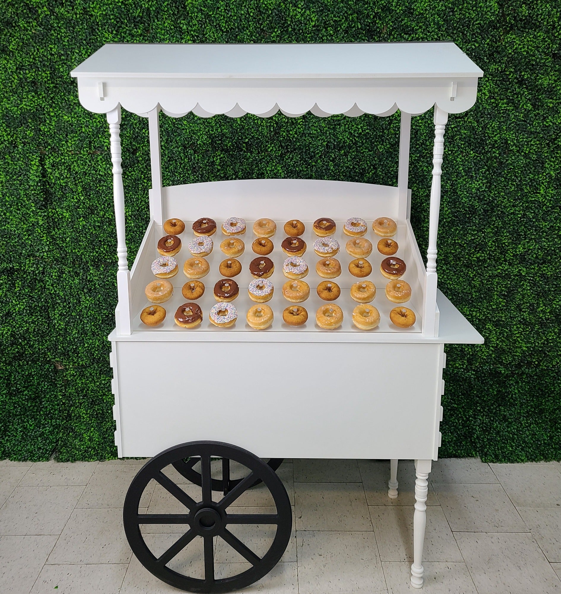 donut cart, candy cart, cake stand, mini bar, photo booth backdrop, multifunctional, durable, easy to maintain, white PVC, clear acrylic, collapsible, washable, 20kg capacity, 44lbs capacity, quick assembly, weddings, birthdays, baby showers, graduations, corporate events, special occasions